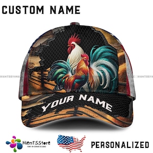 Chapéu de galo com nome personalizado e bandeira americana – Boné de beisebol com nome personalizado para fazendeiros, amantes de galinhas patrióticas, presente estilo country