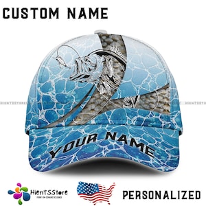 Custom Name Bass Fishing Hat for Men - Personalized Name Largemouth Bass Cap - Blue Water Angler Gift - Unique Fisherman Apparel