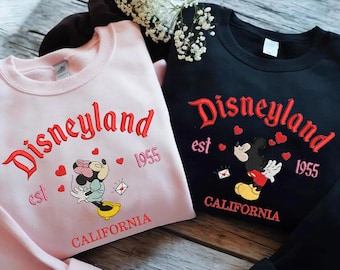 Disneyland Mickey And Minnie Embroidered Sweatshirts, Magical Land Valentine Embroidered Hoodie, Cartoon Mouse Couple Embroidered Crewneck