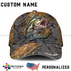 Custom Name Fishing Hat, Personalized Bass Fishing Cap, Outdoor Gear, Camo and Name Options, Perfect Fishing Gifts for Men, Trucker & Dad