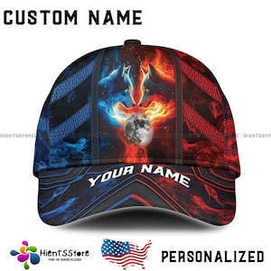 Custom Name Fire and Ice Wolf Hat for Men, Personalized Fantasy Wolves Baseball Cap with Name, Red Blue Flame Gift, Spirit Animal Cap