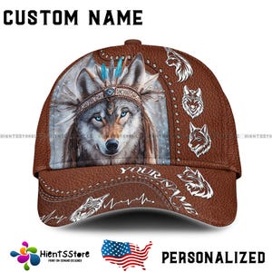 Custom Name Tribal Wolf Cap with Feathers, Personalized Name Native-Style Hat, Spiritual Animal Gift for Men, 3D Printed Brown Leather Look