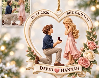 Personalized Couple Marriage Proposal Ornament, First Christmas Engaged Ornament, Engagement Gift For Couple, She Said Yes Romantic Keepsake