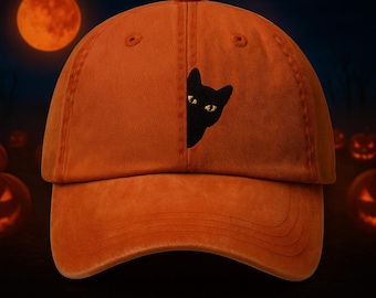 Custom Name Orange Black Cat Peeking Embroidered Baseball Cap Vintage Washed Adjustable Cotton Twill Dad Hat Halloween Gift Spooky Unisex