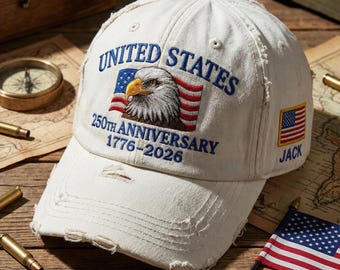 Custom Name United States 250th Anniversary Hat 1776–2026 White Eagle Embroidered Cap Patriotic USA Flag Embroidered in America Veteran Gift