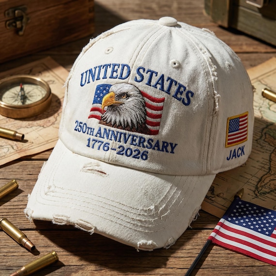 Custom Name United States 250th Anniversary Hat 1776–2026 White Eagle Embroidered Cap Patriotic USA Flag Embroidered in America Veteran Gift