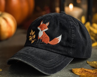 Custom Name Fox Embroidered Baseball Cap Woodland Animal Autumn Leaves Hat Vintage Washed Cotton Adjustable Dad Cap Rustic Cottagecore Gift