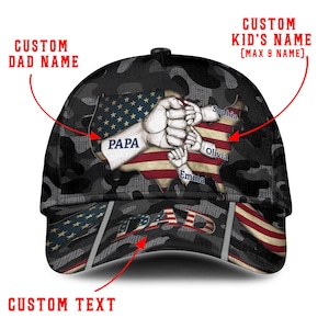 Custom Name Camo Dad Hat with Kids&#39; Names – Personalized Fist Bump Baseball Cap, American Flag Papa Hat, Father’s Day Gift for Military Dads