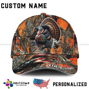 Custom Name American Flag Turkey Hunting Hat – Personalized Wild Turkey Cap with Custom Name – Patriotic Camo Trucker Hat for Hunters