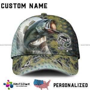 Custom Name Fishing Hat, Personalized Bass Fishing Cap, Outdoor Gear, Camo and Name Options, Perfect Fishing Gifts for Men, Trucker & Dad
