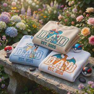 Könnte beinhalten: Drei Sweatshirts in Beige, Hellblau und Weiß, jeweils mit dem Wort "DAD" und einem Pokémon-Charakter-Design bestickt. Der Text "EST. 2025" und "EST. 2026" ist ebenfalls gestickt. Dekorative Poké Balls sind um die Sweatshirts platziert.