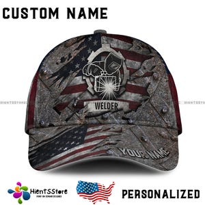 May include: A personalized baseball cap with a distressed American flag design. The cap features a welder graphic with the word "Welder" and the text "Your Name".