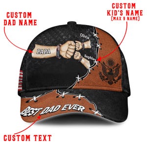 Custom Name Best Dad Ever Hat with Kids&#39; Names, Personalized Black Brown Fist Bump Cap, American Flag Adjustable Gift for Papa or Father