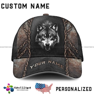 Custom Name Wolf Hat for Men, Industrial Chain Cap, Personalized Name 3D Baseball Cap, Steel Texture Hunting Gift, Wild Animal Snapback