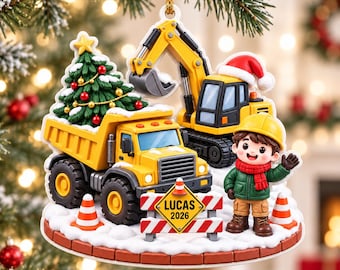 Personalized Kids Name Truck Christmas Ornament, Construction Vehicle Acrylic Ornament, Custom Boys Excavator Ornament Keepsake