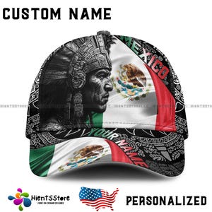 Custom Name Aztec Warrior Mexico Hat Personalized Baseball Cap with Mexican Flag & Tribal Pattern for Latino Pride, Heritage Gift Adjustable