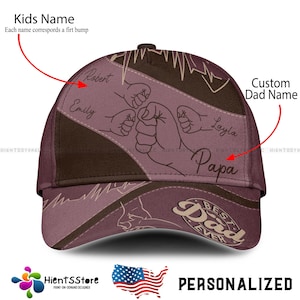 Custom Name Daddy First Bump Cap, Custom Dad Cap with Kids’ Names, Dad Grandpa Kids Holding Hands Cap, Grandpa Gifts, Father&#39;s Day Gifts