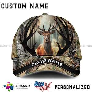 Chapeau de chasse au chevreuil personnalisé avec nom - Casquette camo pour chasseurs, casquette personnalisée avec bois de cervidé, cadeaux pour hommes, chapeau de papa de chasse en plein air