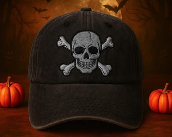 Custom Name Embroidered Skull Crossbones Hat – Vintage Gothic Halloween Cap – Spooky Pirate Dad Hat – Skeleton Baseball Gift for Horror Fans