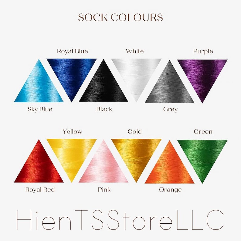 May include: Image displaying a color chart for socks, featuring triangular swatches of various colors. Colors include sky blue, royal blue, black, white, grey, purple, royal red, yellow, pink, gold, orange, and green. The text "SOCK COLOURS" and "Hien TSStoreLLC" are also present.