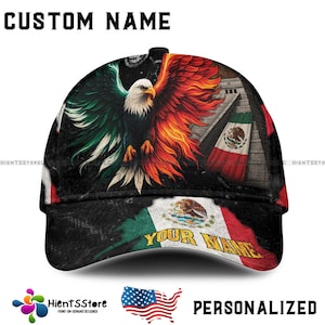 Custom Name Hat Gift for Mexican Pride, Heritage, Latino Patriotic Fans - Personalized Mexico Baseball Cap with Eagle Aztec Pattern