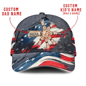 Custom Name American Flag Dad Hat with Kids’ Names 3D Printed Fist Bump Baseball Cap for Papa, Personalized Patriotic Gift for Father’s Day