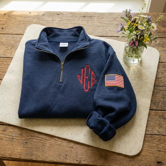 Embroidered J.E.E Premium Quarter Zip Sweatshirt, Blue Fleece Blend Unisex Shirt, Monogram USA Inspired Quarter Zip Sweater, Veteran Gift