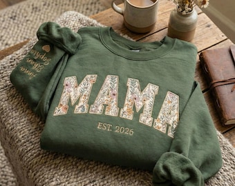 Sudadera floral personalizada para mamá, Sudadera bordada personalizada para mamá, Sudadera de cuello redondo personalizada para mamá, Regalo para mamá, Regalos para el Día de la Madre, Regalos para mamá