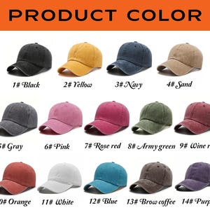 May include: A collection of baseball caps in various colors, including black, yellow, navy, and sand. The image displays fourteen different color options, each with a corresponding number and color name. The caps are made of a soft material and have a curved brim.