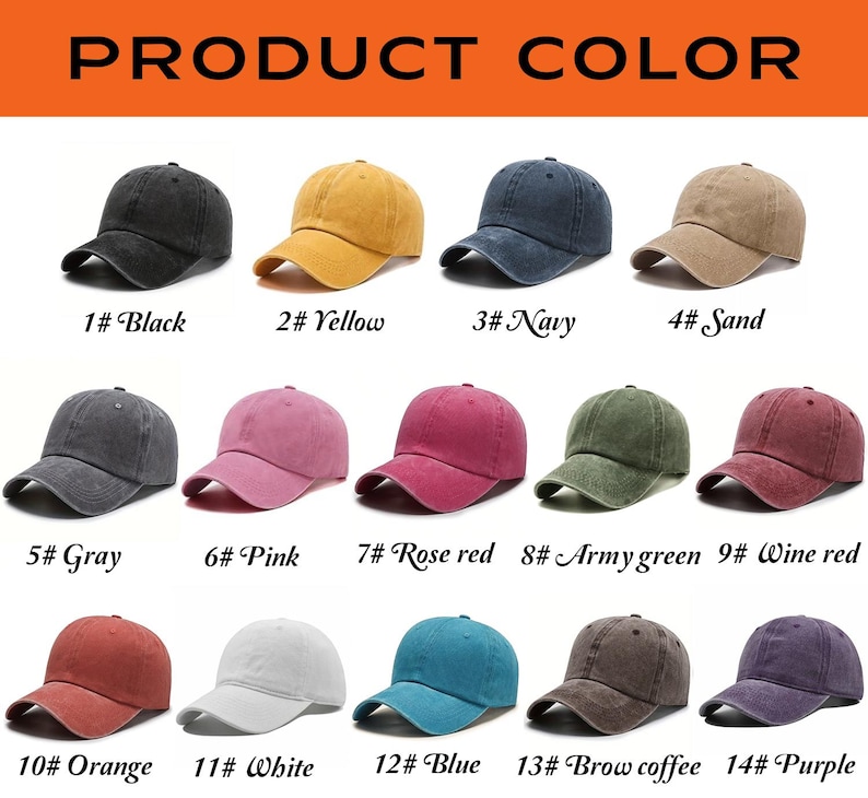 May include: A collection of baseball caps in various colors, including black, yellow, navy, and sand. The image displays fourteen different color options, each with a corresponding number and color name. The caps are made of a soft material and have a curved brim.