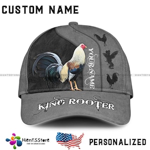 Boné de beisebol King Rooster com nome personalizado para homens, chapéu de fazenda com nome personalizado, boné de frango cinza vintage, chapéu ajustável Country Dad EUA
