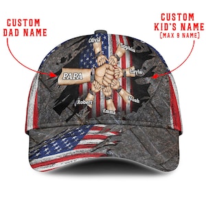 Custom Name Papa Fist Bump Hat with Kids’ Names – American Flag Rustic Cap, Personalized Gift for Dad or Grandpa, Vintage Patriotic Dad Hat