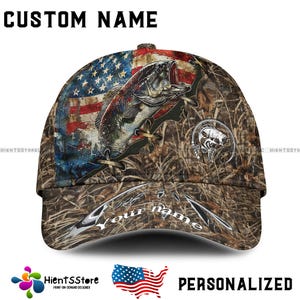 Custom Name Fishing Hat, Personalized Bass Fishing Hat American Flag Camo Cap, Perfect Fishing Gifts Gift for Fisherman Men, Trucker & Dad