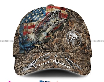 Gorra de pesca con nombre personalizado, gorra de pesca de lubina personalizada con bandera estadounidense, gorra de camuflaje, regalo perfecto para pescadores, camioneros y papás.