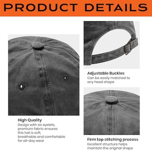 May include: Close-up product details of a gray baseball cap. The cap features six eyelets, an adjustable buckle, and firm top stitching. The text highlights the hat's soft, breathable, and comfortable fabric for all-day wear.