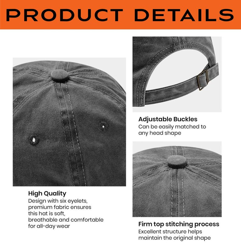 May include: Close-up product details of a gray baseball cap. The cap features six eyelets, an adjustable buckle, and firm top stitching. The text highlights the hat's soft, breathable, and comfortable fabric for all-day wear.