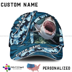 Custom Name Shark Hat for Men, Custom Name Fishing Cap, Personalized Shark Camo Baseball Cap, Great White Shark Gift for Fishermen