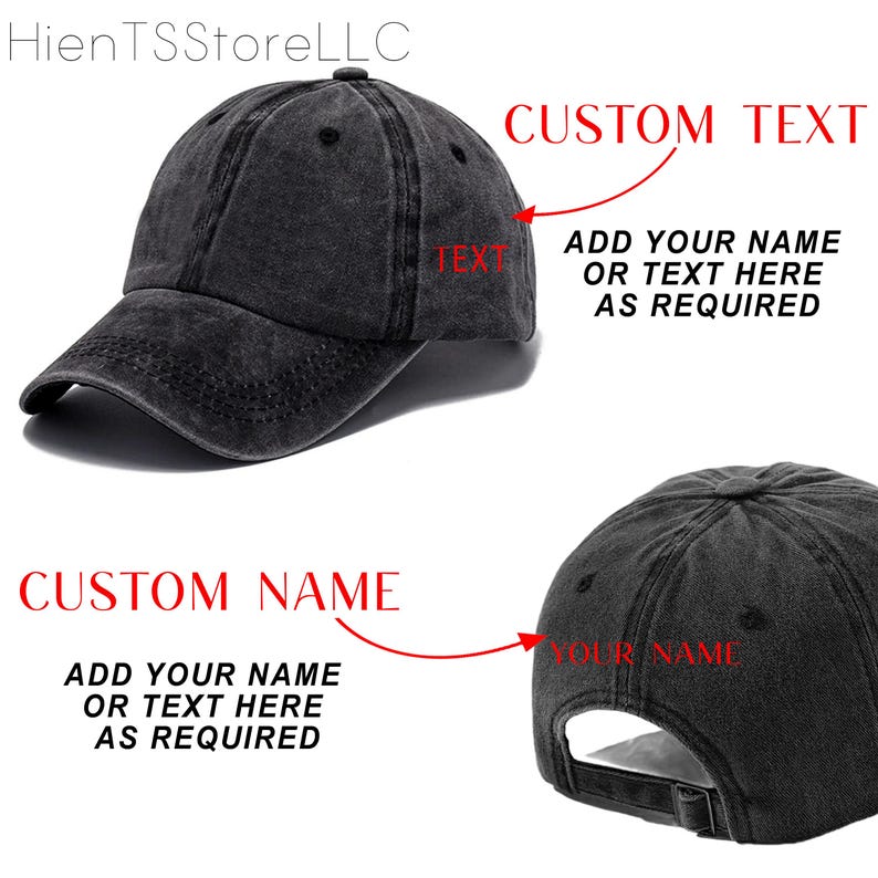 May include: A black, distressed baseball cap with a curved brim. The cap features text that reads "CUSTOM TEXT" and "CUSTOM NAME", with instructions to add a name or text. The cap is designed for customization.
