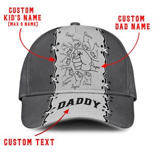 Custom Name Daddy Hat with Kids&#39; Names – Personalized Fist Bump Cap for Dad Papa Grandpa – Leather Look Printed Cap for Father’s Day Gift