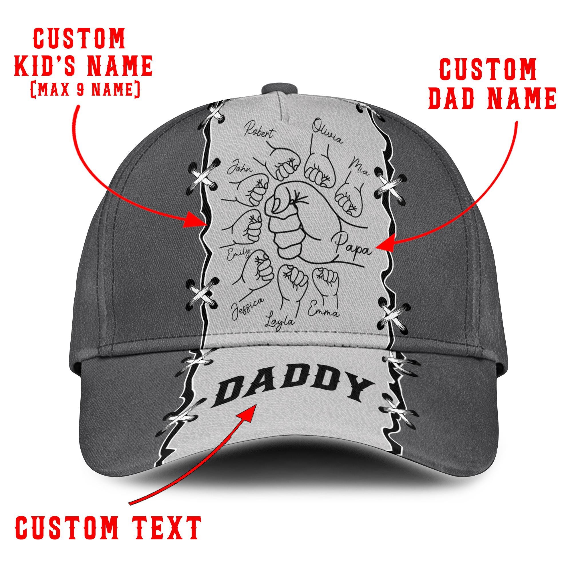 Custom Name Daddy Hat with Kids' Names – Personalized Fist Bump Cap for Dad Papa Grandpa – Leather Look Printed Cap for Father’s Day Gift