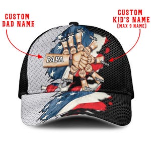 Custom Name Papa Hat with Kids’ Names Patriotic Circle Fist Design Baseball Cap, Mesh Trucker Style, American Flag Dad Gift for Father’s Day