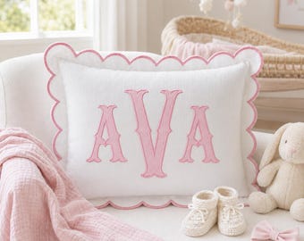 Personalized Monogram Pillow Cover: Scalloped Embroidered Cushion, Custom Initial Pillow Case, Grandmillennial Decor, Nursery Name Pillow