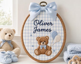 Personalized Embroidered Teddy Bear Baby Name Hoop, Baby Name Reveal Sign Heirloom, Baby Name Wall Decor, Baby Shower Gift, Newborn Keepsake