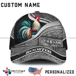 Custom Name Rooster Hat for Men – Personalized Name Baseball Cap with 3D Metal Panel Design, Farm Animal Gift for Rooster Lovers & Farmers