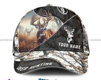 Custom Name Deer Hunting Leather Camo Hat, Personalized Name Buck Cap for Hunters, Elk Outdoor Gift, Adjustable Camouflage Baseball Cap