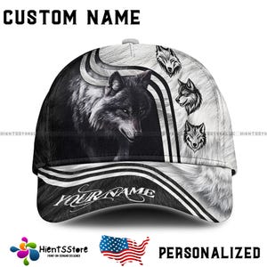 Custom Name Black and White Wolf Cap, Personalized Name Animal Baseball Hat for Men, Monochrome Wolf Pack Gift, 3D Printed Snapback