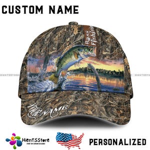 Custom Name  Bass Fishing Hat Personalized Name 3D Print Cap for Fishermen Camouflage Fishing Gift for Men, Dad, Grandpa Outdoor Angler Gift