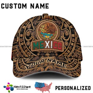 Custom Name Aztec Mexico Baseball Cap – Personalized Eagle Hat with Tribal Pattern, Mexican Flag Patch, Latino Heritage Gift, Adjustable Fit