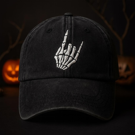 Custom Name Rock Skeleton Hand Hat Halloween Black Cap, Embroidered Goth Dad Hat, Punk Skeleton Sign Baseball Cap, Spooky Music Lover Gift