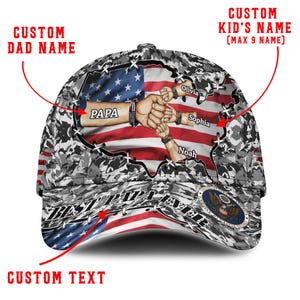 Custom Name Best Papa Ever Hat with Kids&#39; Names, Personalized Camo USA Flag Baseball Cap for Dad, Patriotic Gift for Father’s Day